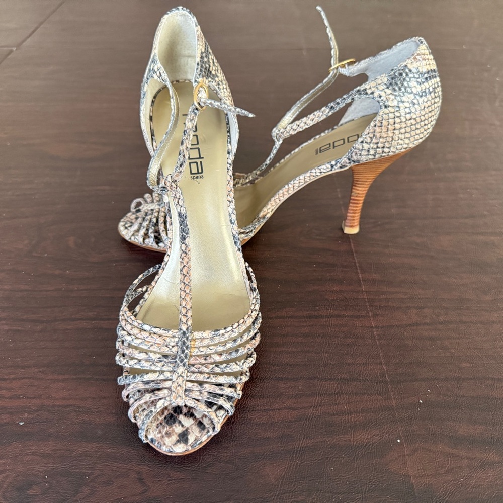 Moda Spana T-Strap Snakeskin Heels in Beige and Black